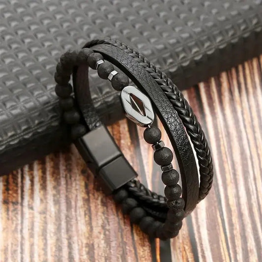 Classic Men's Bead/Braided Leather Bracelet